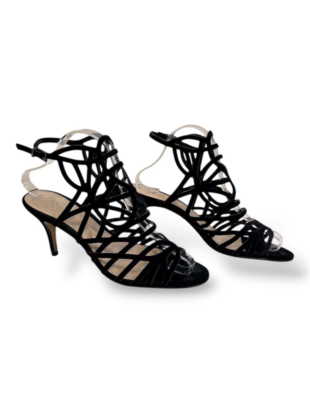Vince Camuto Pelena Mid Heel Black Flirty Suede Cutout Dress Sandals Size 8.5M